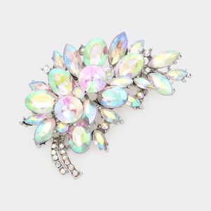 Silver Abalone Leaf 3" Brooch Glass Crystal Pin Floral Style